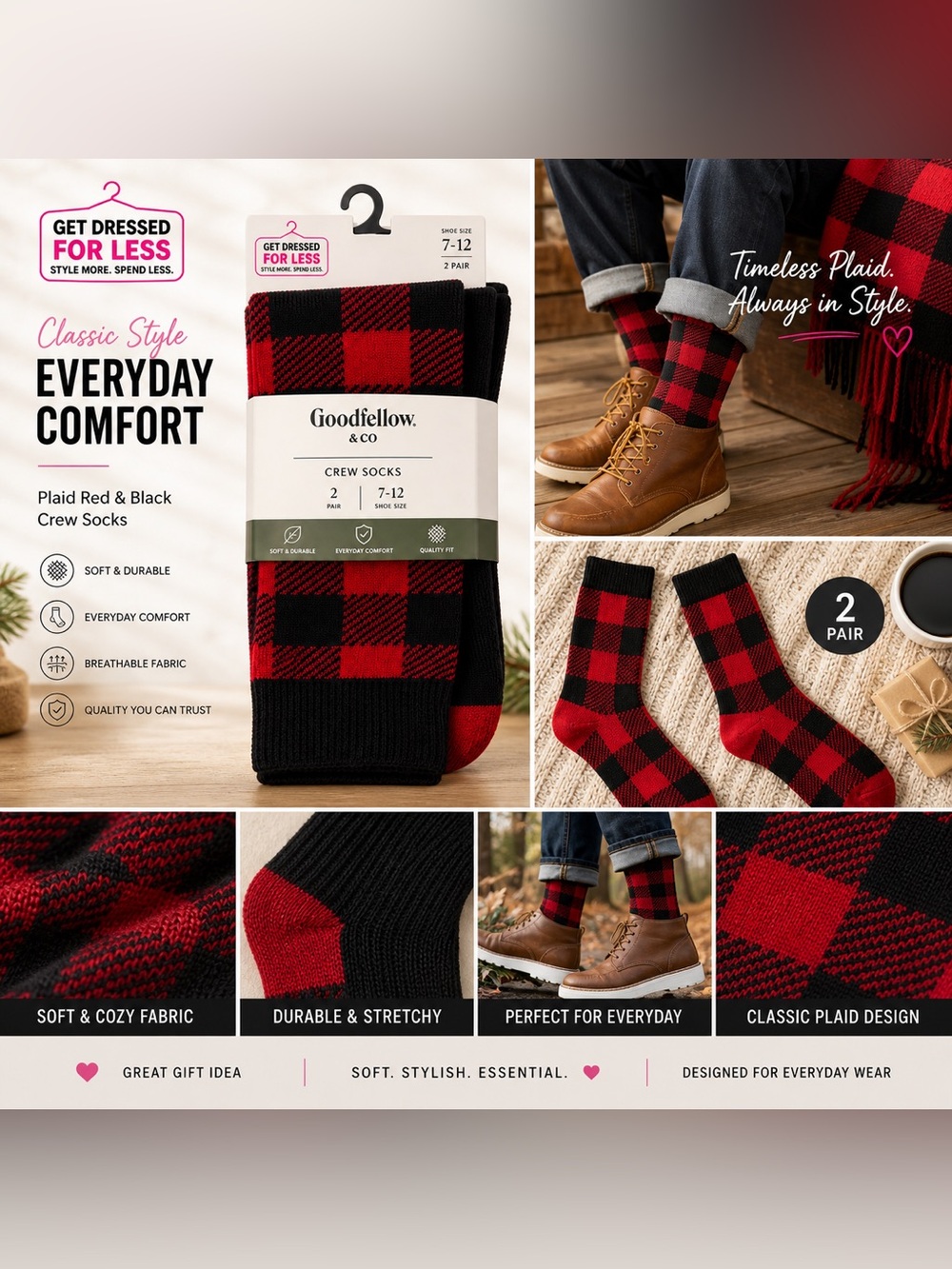 Goodfellow Crew Socks 2 Pair Mens 7-12 Red Black Plaid Buffalo Check Casual NWT